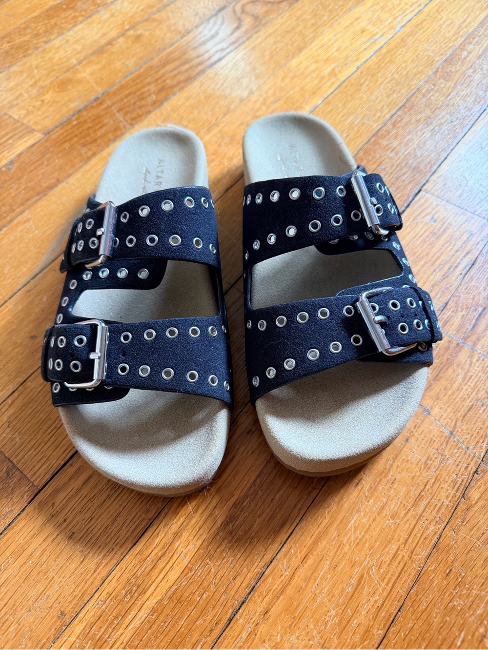 Altar'd State Black Double-Buckle Slide Sandals with Eyelet Detail